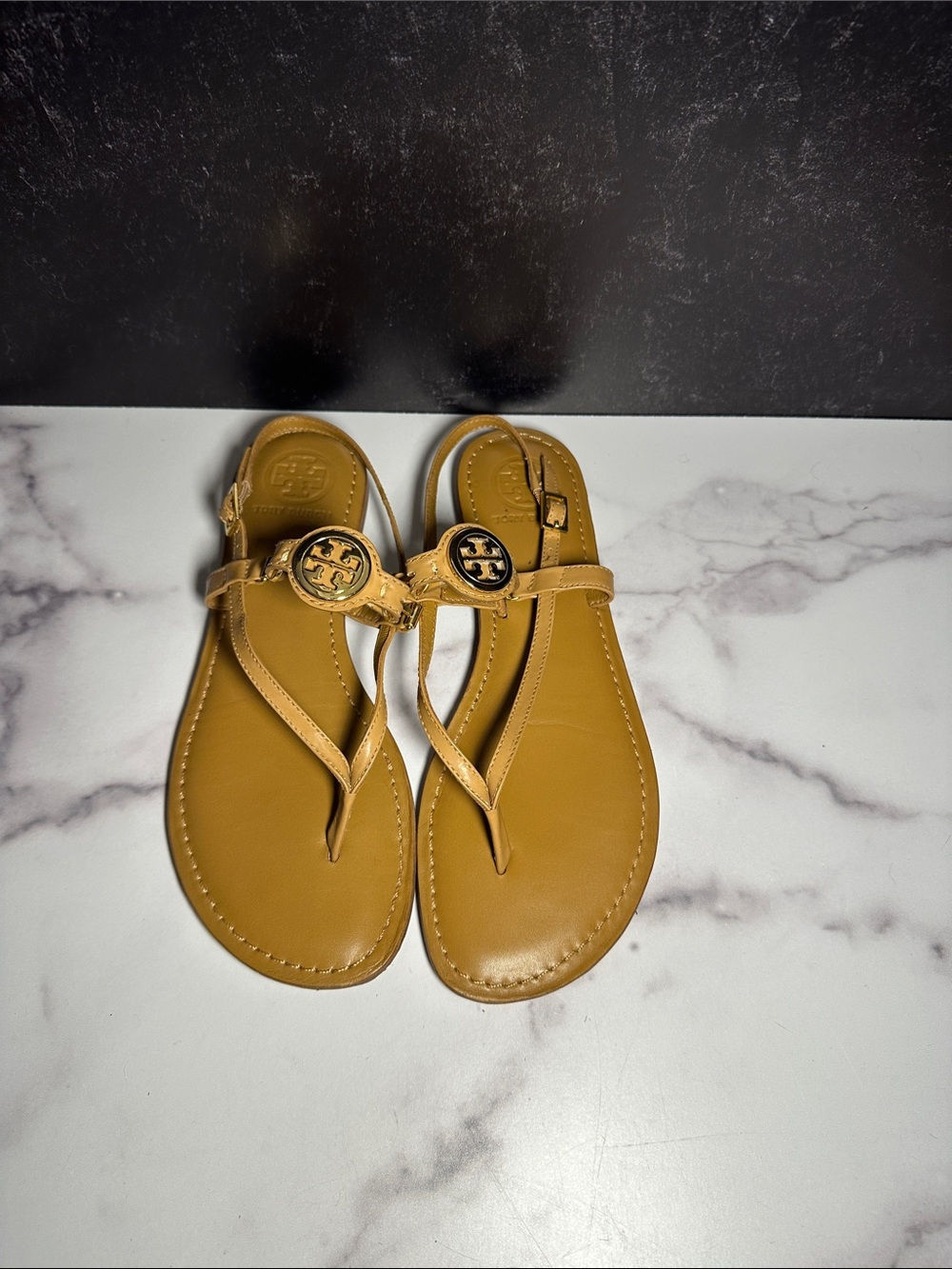Tory Burch Mustard Tan Logo T-Strap Sandals